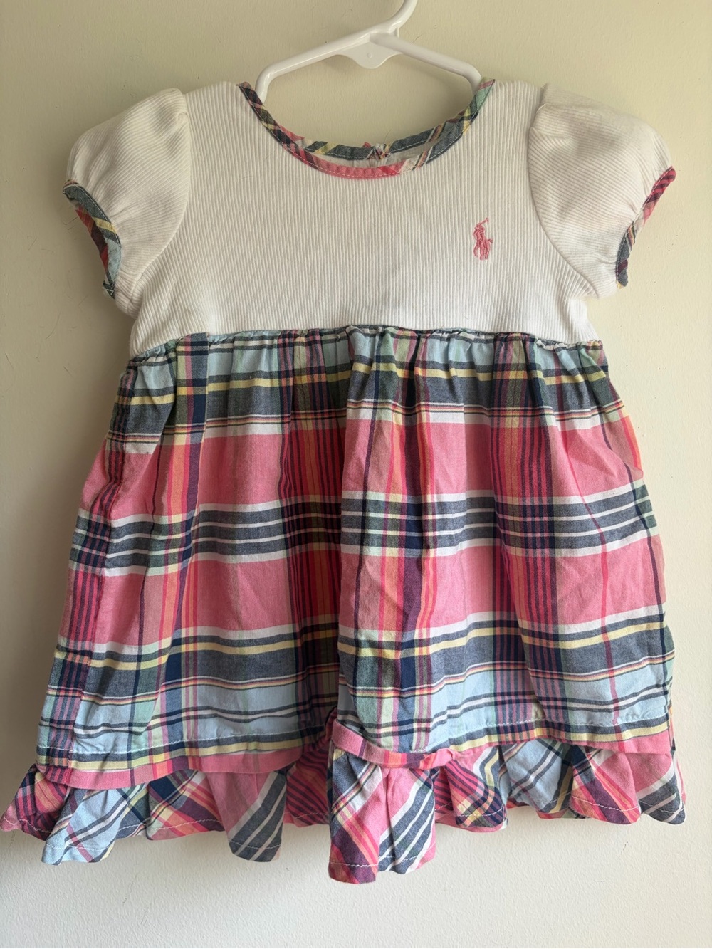 Y2K Ralph Lauren Baby Girl Plaid Dress 9M Pink Pony Ruffle Preppy Colorful
